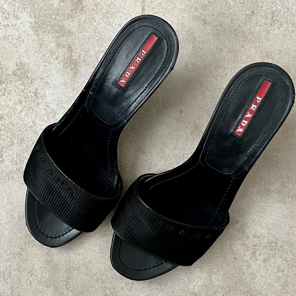 Prada Black/Sport NASTRA size 38 (8) Women Nylon Patent Leather Wedge Sandals - Picture 4 of 10